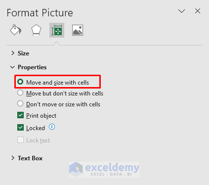 Selecting Option to Make Picture Change Size According to Cell Size