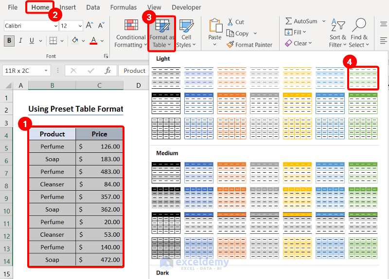 Selecting table style from format table option
