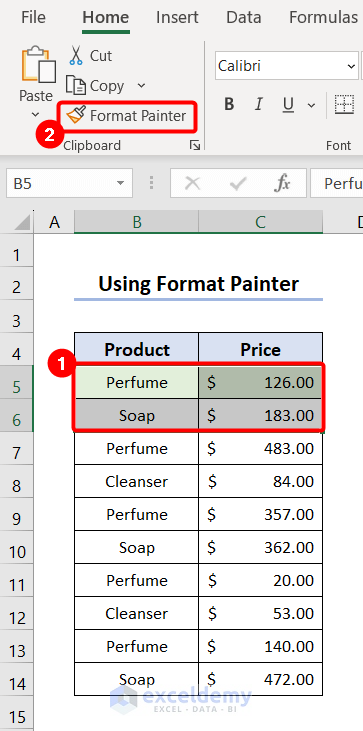 Selecting two rows and click Format Painter