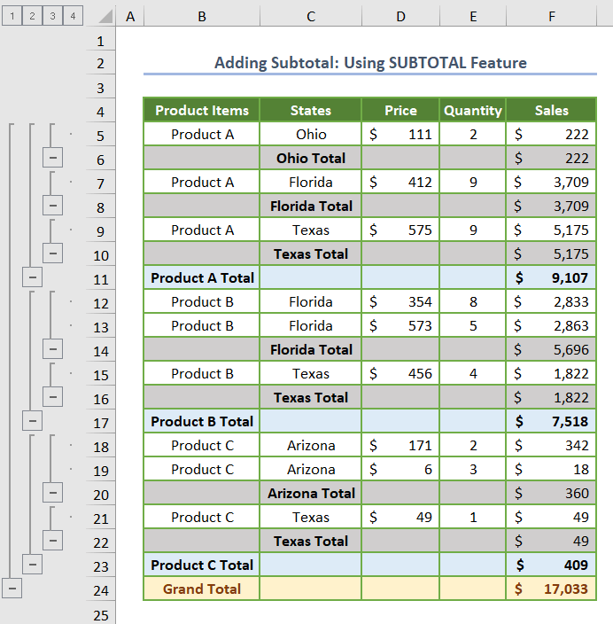 Output of multiple subtotals in Excel