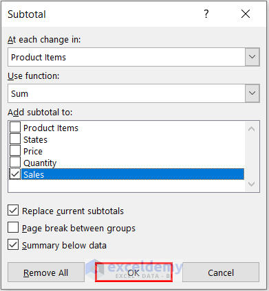 Choose column and function to subtotal