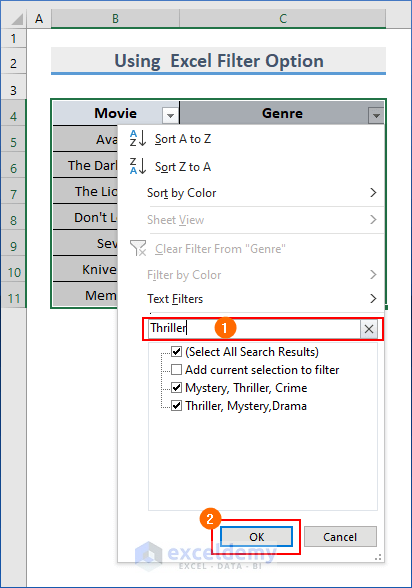 Write a specific Genre in the Text Filters option