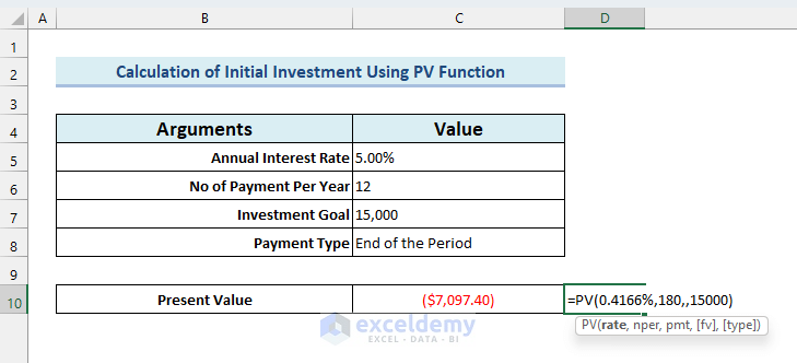 Example of using Excel PV function