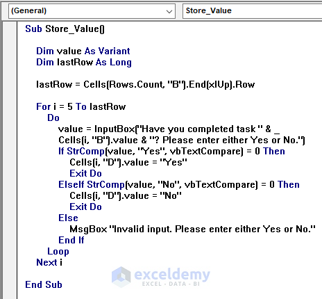 VBA Code of storing user input value in cell range to create Yes No InputBox in Excel