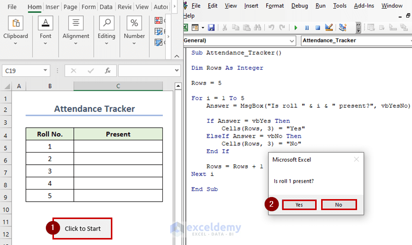 Attendance Tracker VBA code on Visual Basic with yes no inputbox in Excel