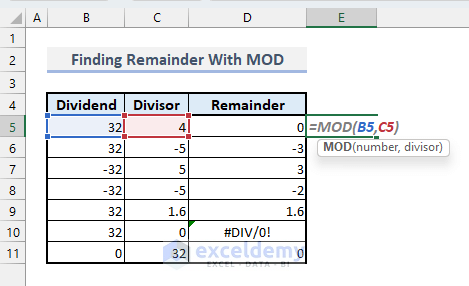 Example of using Excel MOD function