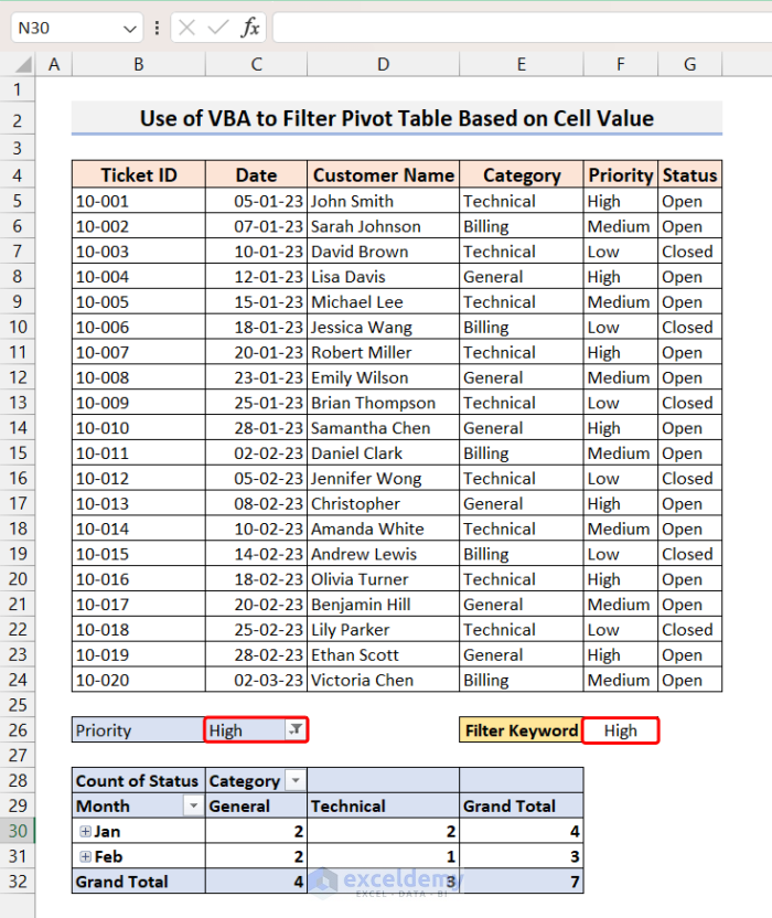 Use VBA to Filter Pivot Table Based on Cell Value
