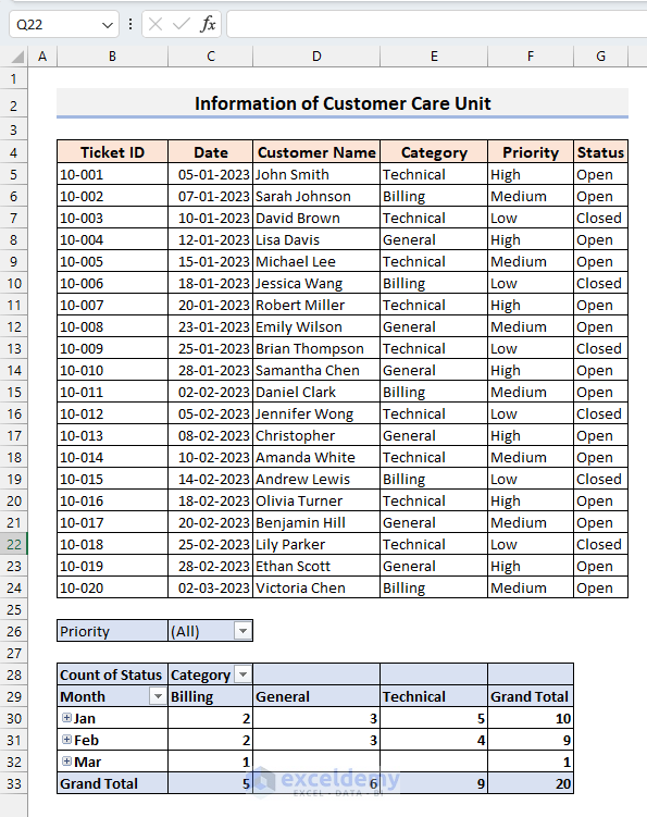 Dataset Containing Customer Care Information of a Company with Pivot Table