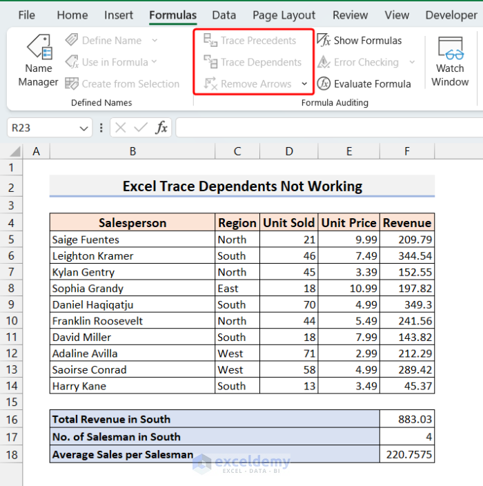 Excel Trace Dependents not Working