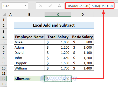 Excel add and subtract