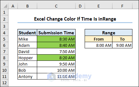 Excel change color if time is in range