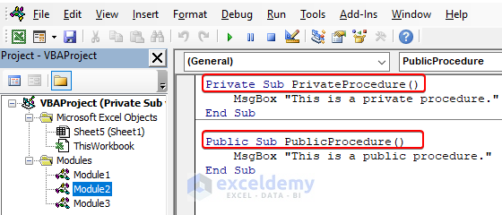 Overview Image of Private Sub vs Sub in VBA