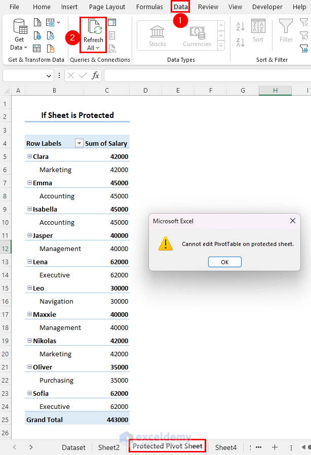 Overview Image showing Excel Refresh all not working in a protected Sheet