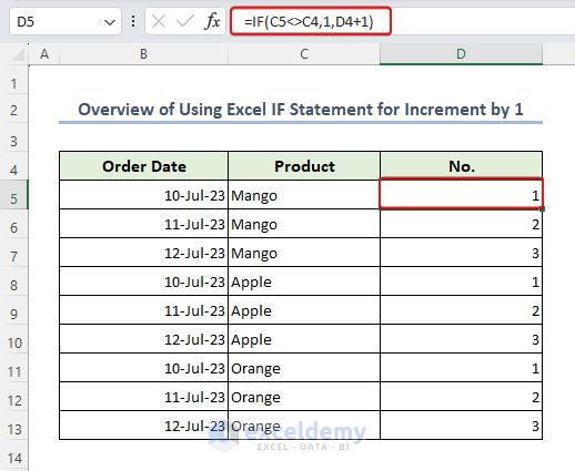 Overview image of Excel if statement increment by 1