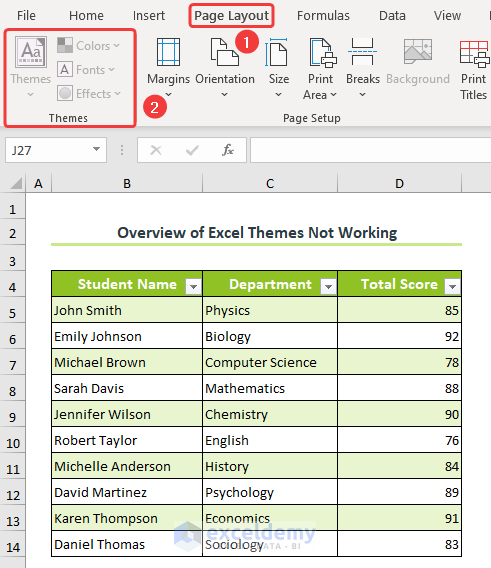 Overview of Excel themes not working