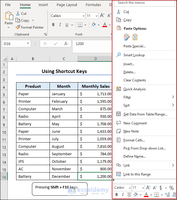 Overview of context menu in Excel