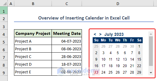 Overview of how to insert calendar in Excel cell