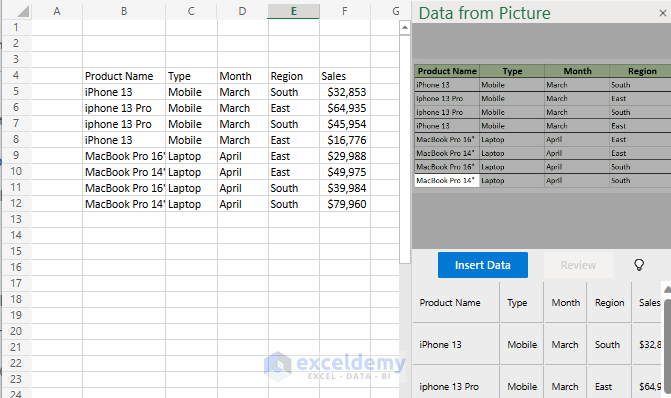Overview of inserting excel table from image