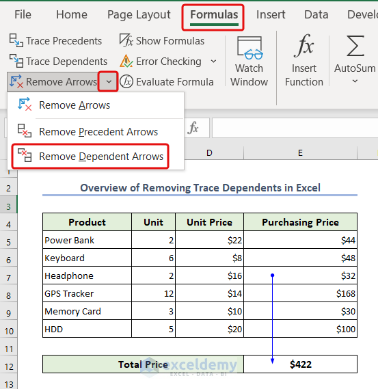 Overview of removing trace dependents in Excel
