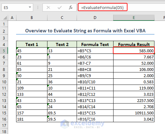 Overview to Evaluate String as Formula with Excel VBA