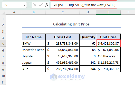 Unit price of cars using IF ISERROR