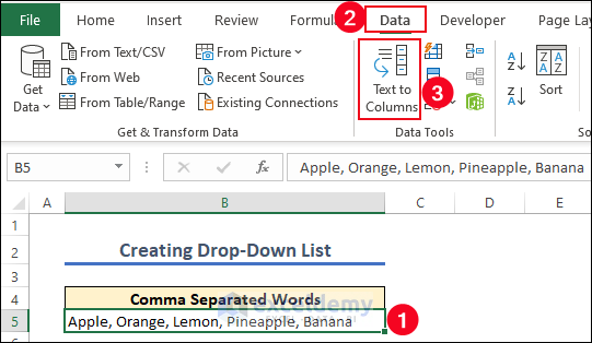 1-Using Text to Columns feature to separate words