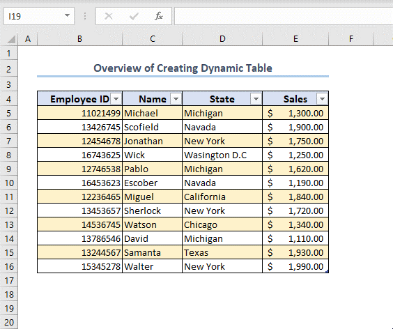 overview to create a dynamic table in Excel.