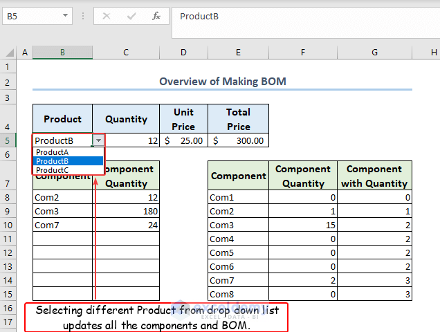 overview to make a bill of materials in Excel