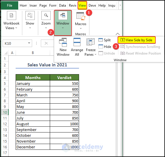 Activate the side-by-side option from the ribbon menu