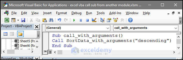 VBA code to call sub with argumens from another module