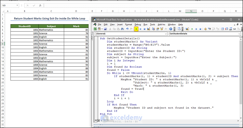 student details from DO while and Exit do commands in Excel VBA