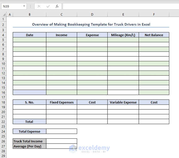 Creating an empty Dataset for Bookkeeping for Truck Drivers in Excel