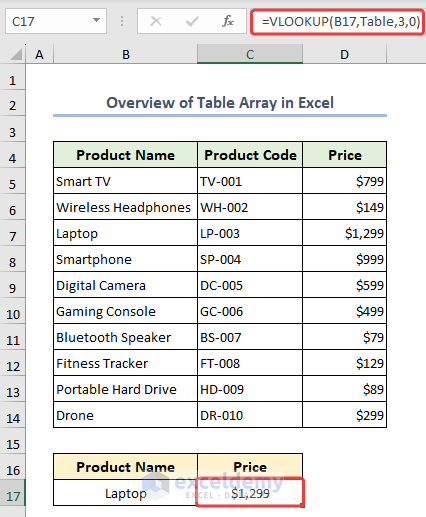 table array in excel