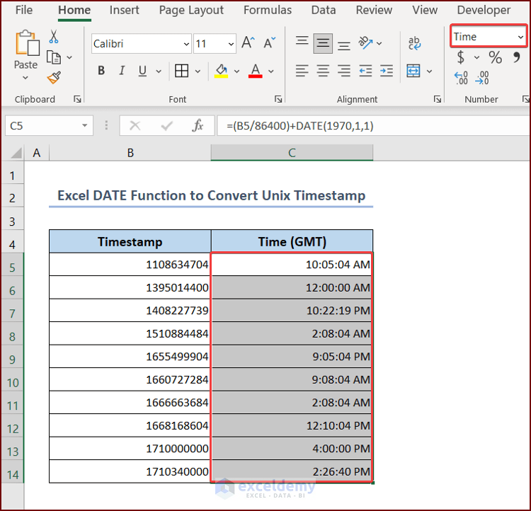 Applying Excel DATE Function to Convert Unix Timestamp to Time