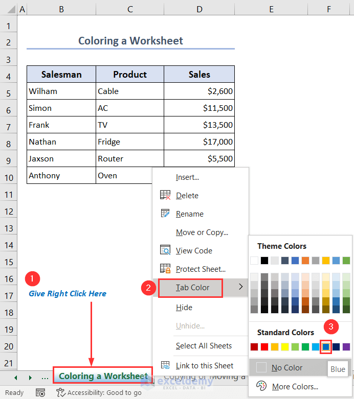Choosing blue color from Tab Color option under Sheets tab