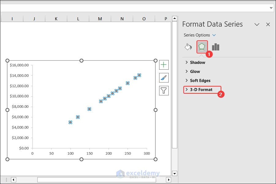 Click on Effect and Choose 3D format From the Format Data Series pane