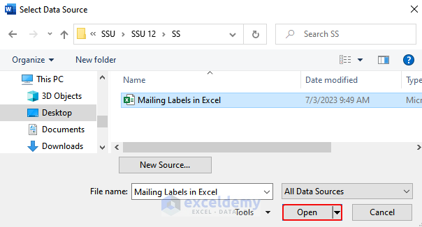 Opening the Excel file from Word