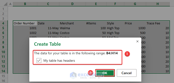 Select range for the table