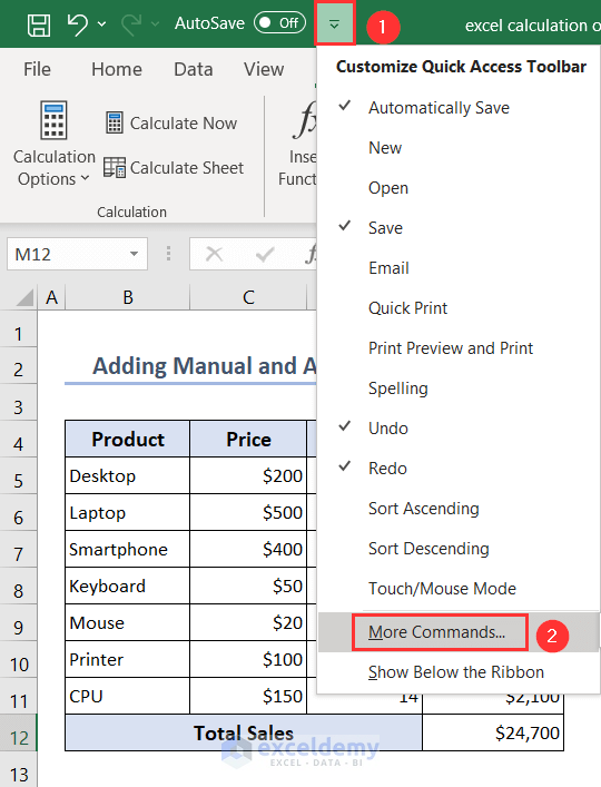 Selecting More Commands option from the Customize Quick Access Toolbar to add Automatic and Manual commands in Toolbar