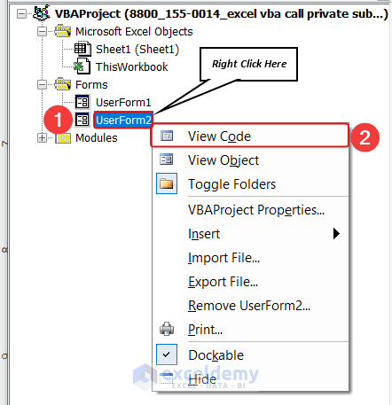 Selecting “View Code” from UserForm2