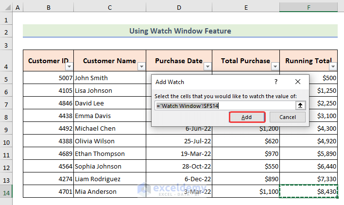 Selecting and confirming cell for adding in the watch window in Excel