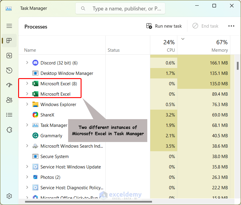 Two different instances of Microsoft Excel in Task Manager