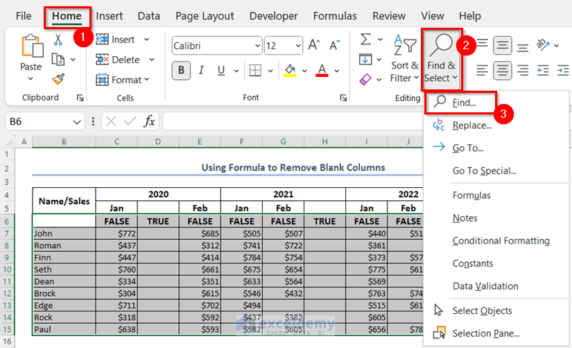 Use of Find & Select Feature in Excel