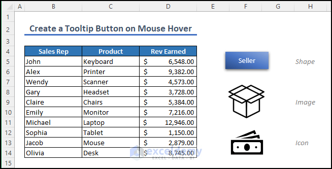add icon as button tooltip in Excel spreadsheet