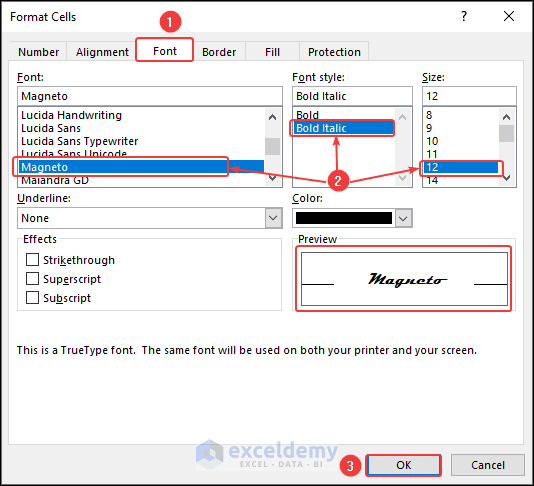 changing font, font style and size in format cells dialog box