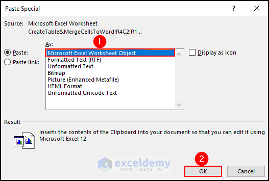 10- choosing Microsoft Excel Worksheet Object option from the paste special dialog box