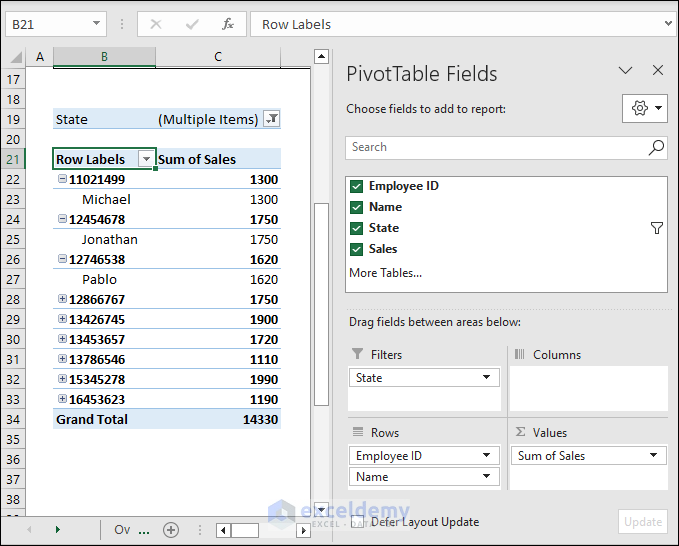 dynamic table with pivot table