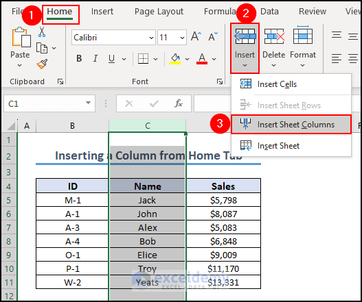 10- selecting insert sheet columns from home tab to insert column in Excel