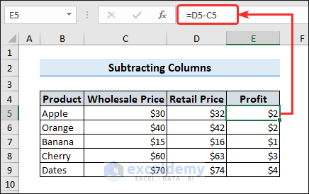 Subtract columns in Excel