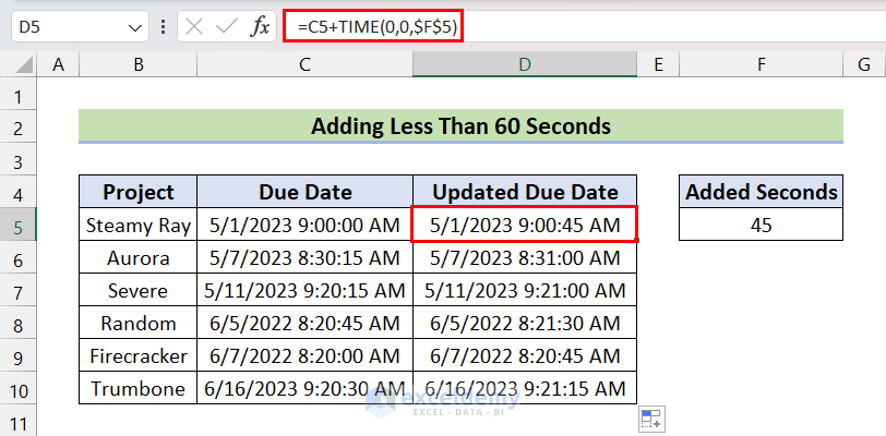 Add Less Than 60 Seconds Time in Excel